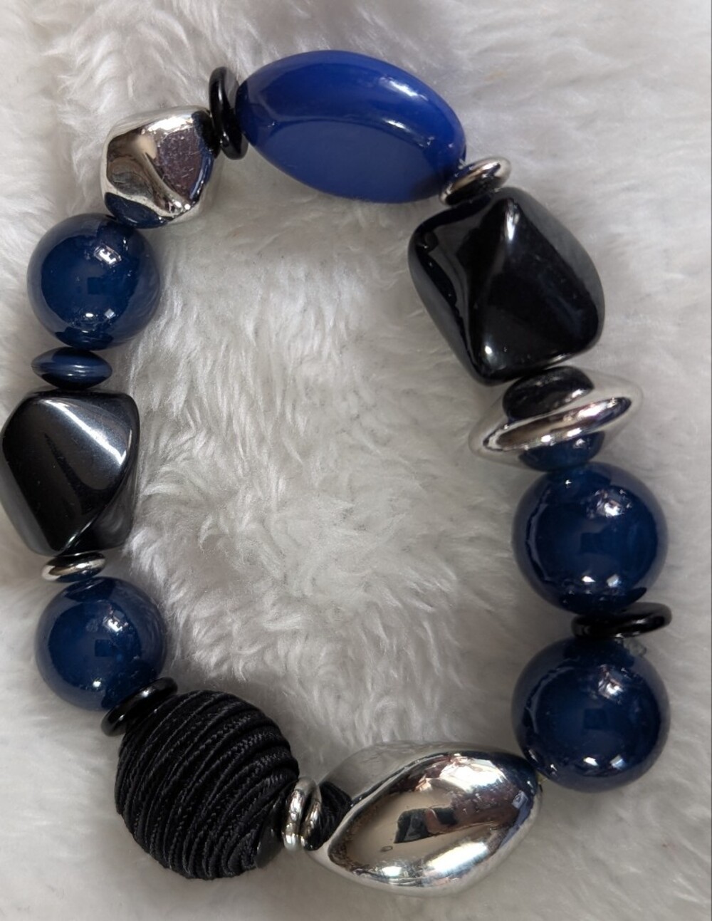 Blue Black and Silver Mixed Chunky Beaded Bracelet New